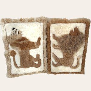 Vintage PAIR 2 Alpaca Wool Fur Pillows 24" LIONS MOD Groovy Decor Peru Folk Art